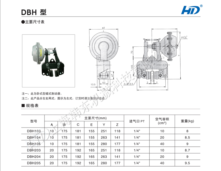 DBH臥式氣動碟式剎車型號